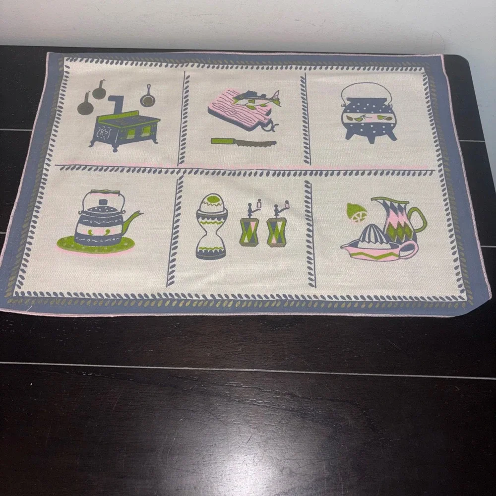 NEW | Vintage Victory | Pure Linen | 4 Place Mats ONLY |‎ MCM Kitchen Pink Green